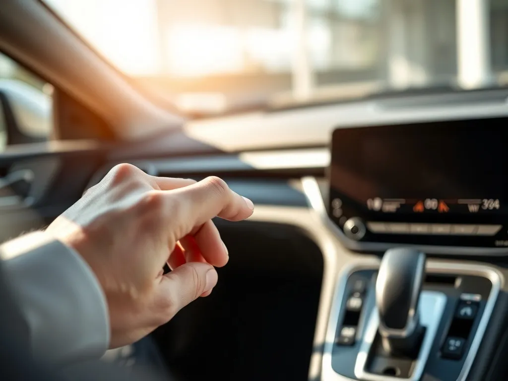 Kierowca zwalnia elektryczny hamulec ręczny na nowoczesnej konsoli środkowej auta, z widocznym przyciskiem hamulca.