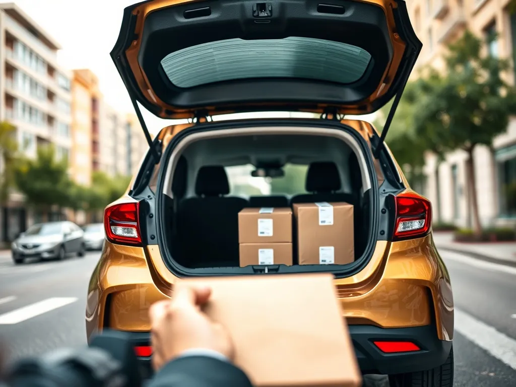 Nowoczesne kompaktowe auto kurierskie z otwartym bagażnikiem i paczkami, kurier sięga po przesyłkę na miejskiej ulicy.