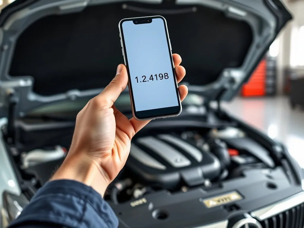 Mechanik sprawdza numer VIN auta na smartfonie przy otwartej masce, aby zweryfikować obecność dwumasy.