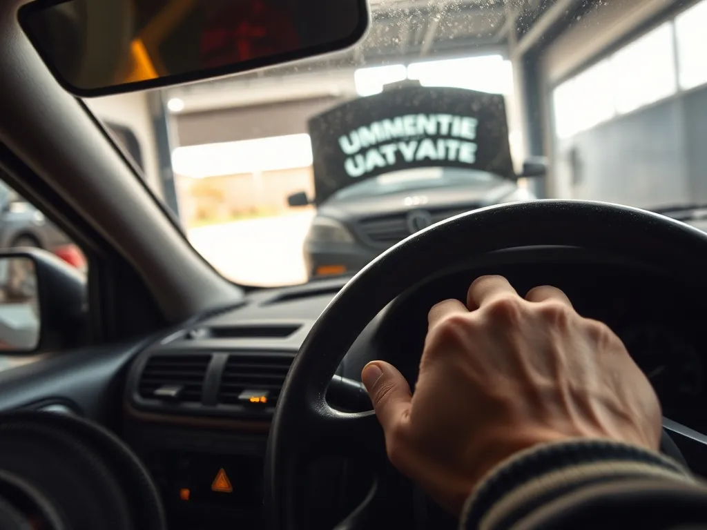 Zapalone kontrolki na zakurzonej desce rozdzielczej diesla, kierowca trzyma kierownicę, maska auta uniesiona w garażu.