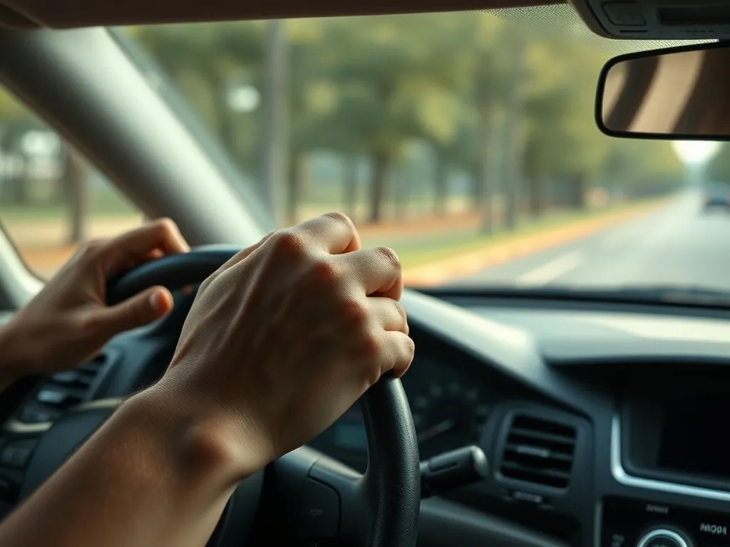 Kierowca zmienia bieg w manualnej skrzyni, widoczny obrotomierz i spokojna droga, nawiązanie do diagnostyki dwumasy