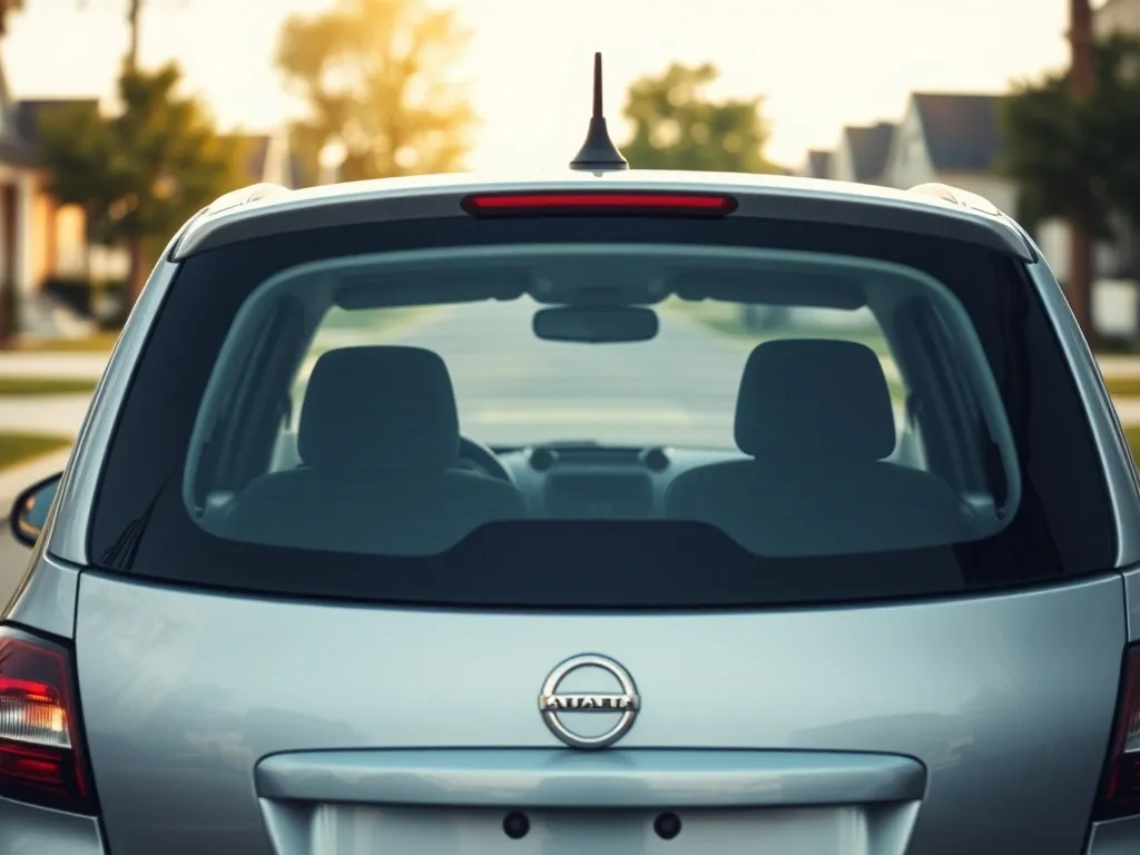 Nowoczesne rodzinne auto dla rodziny 2+1 zaparkowane w spokojnej dzielnicy, z widocznym fotelikiem dziecięcym z tyłu.