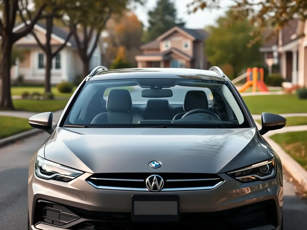 Nowoczesne auto rodzinne dla 4 osób na spokojnej, osiedlowej ulicy z placem zabaw w tle