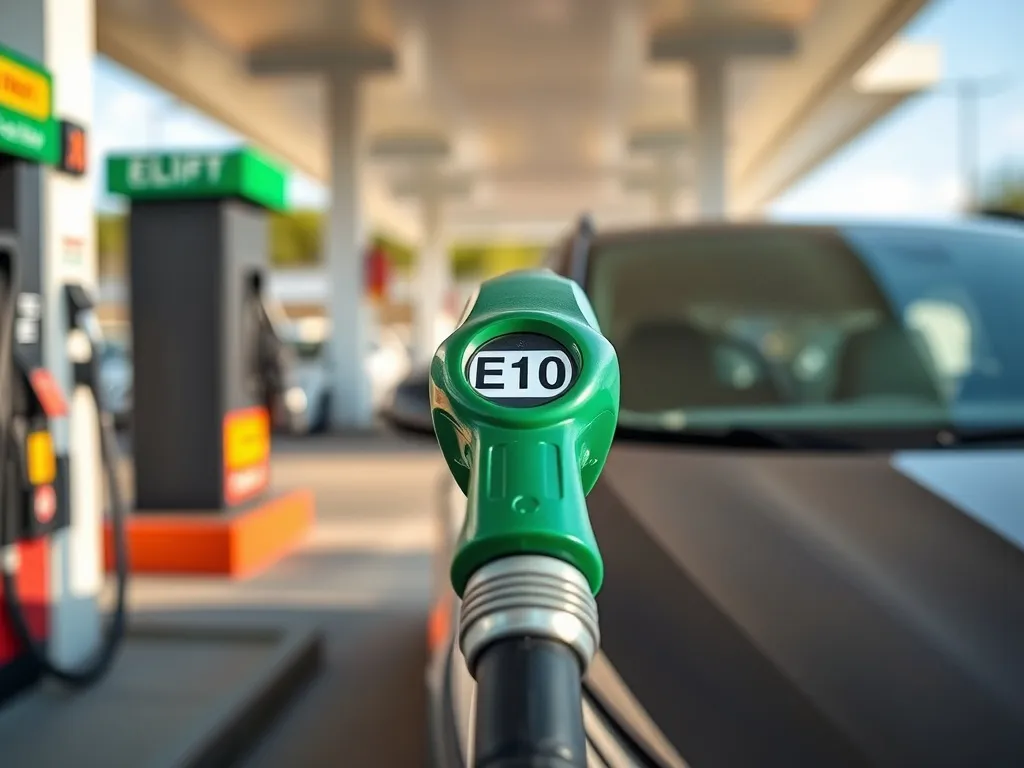 Samochód na stacji paliw podczas tankowania benzyny E10, z zielonym pistoletem wlewu, symbolizujący nowy rodzaj paliwa.
