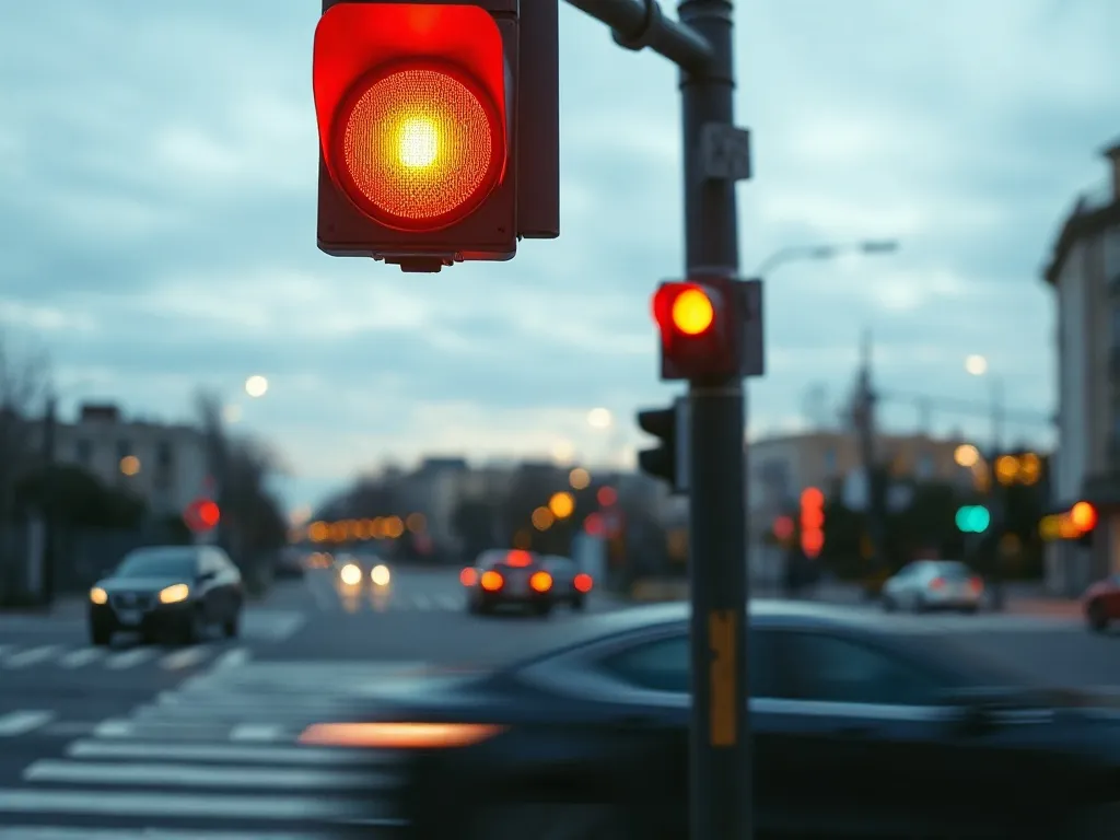 Czerwone światło na pustym skrzyżowaniu o zmierzchu, rozmazany samochód przejeżdżający na późnym sygnale, groźba mandatu.