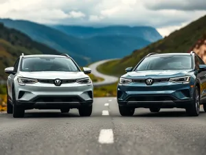 Dwa kompaktowe SUV-y stoją obok siebie na górskiej drodze, prezentując stylistykę nadwozia i terenowy charakter aut.