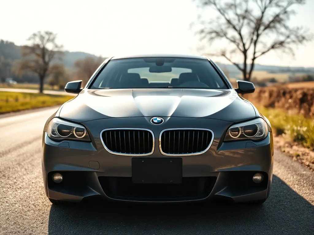 BMW E90 z przodu na spokojnej, słonecznej drodze, podkreślający sylwetkę i charakter auta dla wyboru silnika
