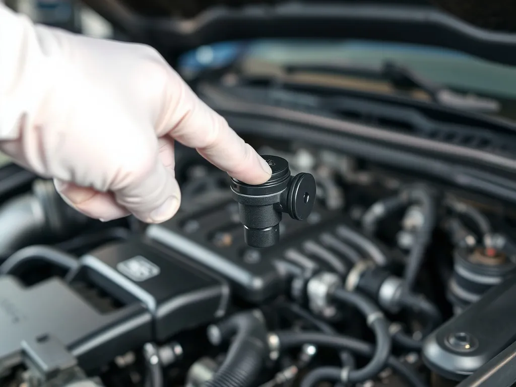 Mechanik w rękawicy wskazuje odmę olejową w komorze silnika, podkreślając jej lokalizację i znaczenie dla wentylacji silnika.