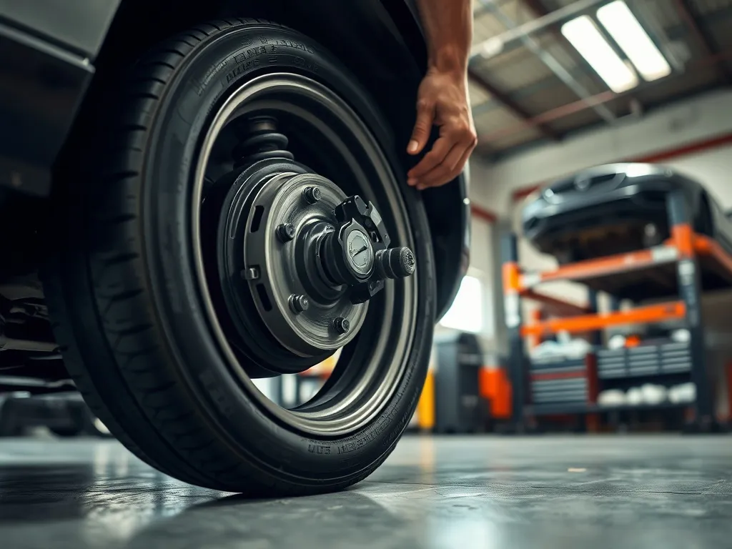 Mechanik obraca przednie koło auta w warsztacie, pokazując tarczę hamulcową i zawieszenie podczas diagnozy stuków przy skręcie