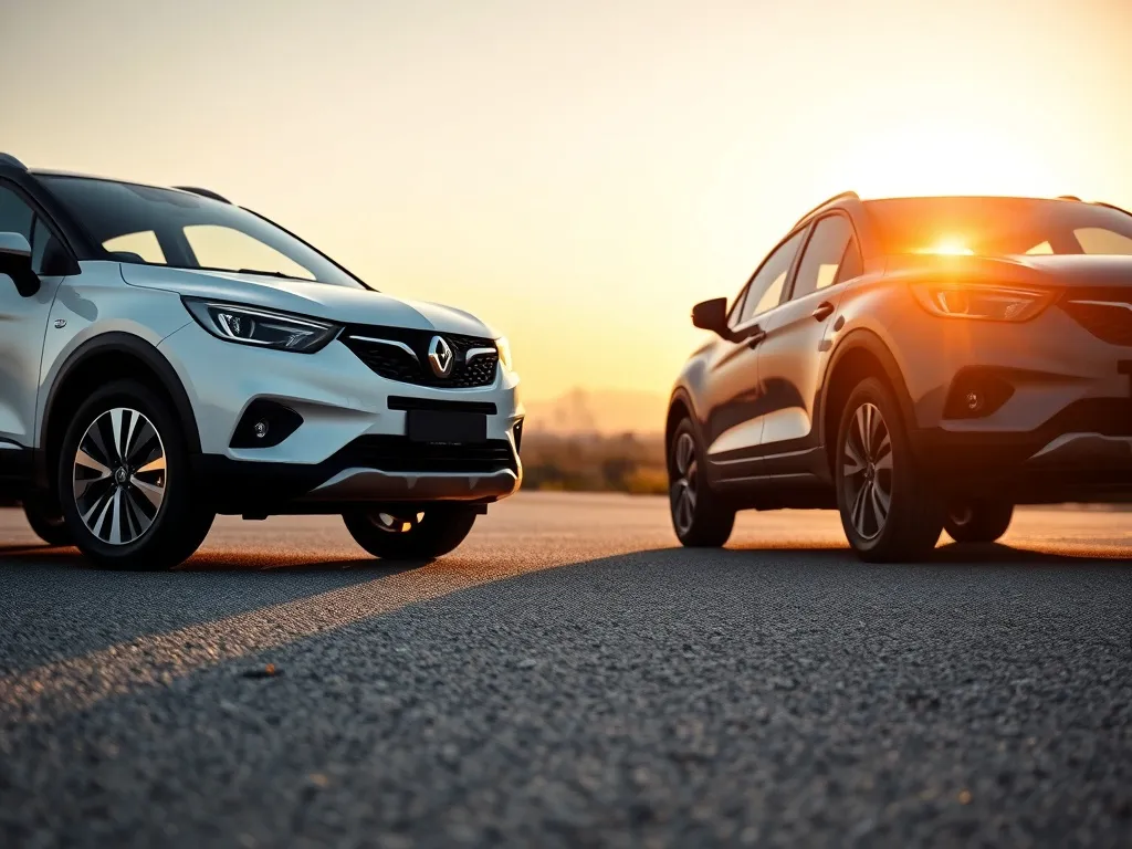 Kia Sportage i Hyundai Tucson stoją obok siebie na pustej drodze, porównanie sylwetek i świateł obu SUV-ów.