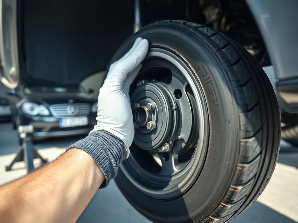 Mechanik w rękawicach sprawdza piastę i śruby koła, diagnozując stukanie przy ruszaniu auta na podjeździe warsztatu