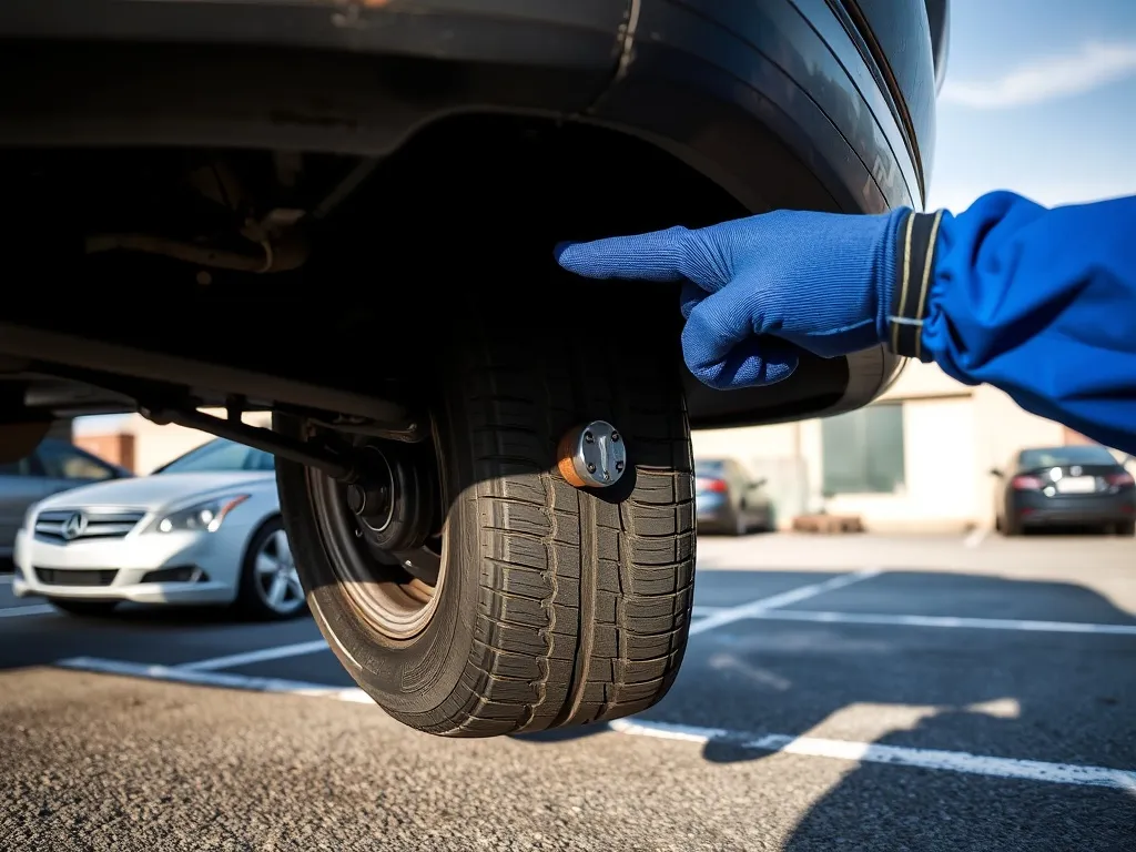 Mechanik w rękawicy wskazuje zawieszenie tylnego koła auta, ilustrując diagnostykę stuków przy cofaniu.