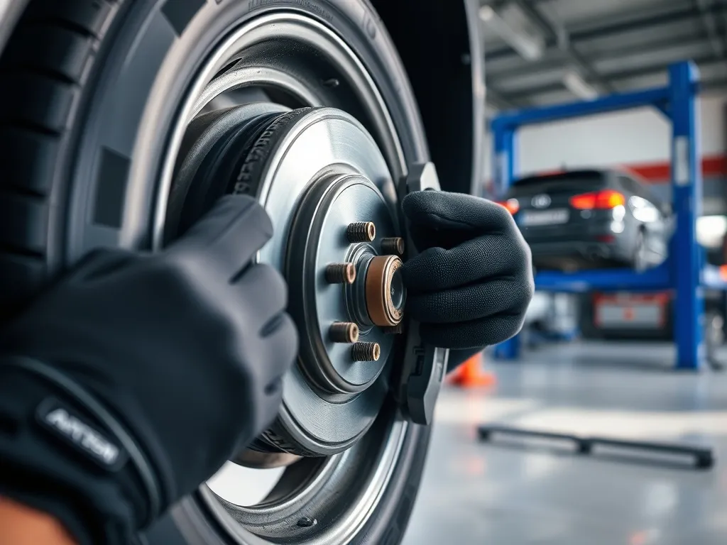 Mechanik w rękawicach sprawdza tarczę hamulcową koła auta w warsztacie, szukając przyczyny stukania przy hamowaniu