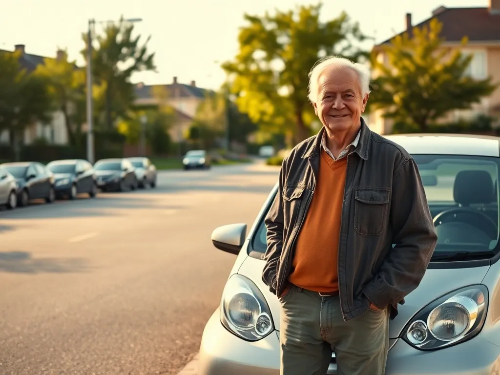 Starszy mężczyzna obok małego hatchbacka na słonecznym parkingu, spokojna, osiedlowa okolica, ciepła i przyjazna atmosfera.