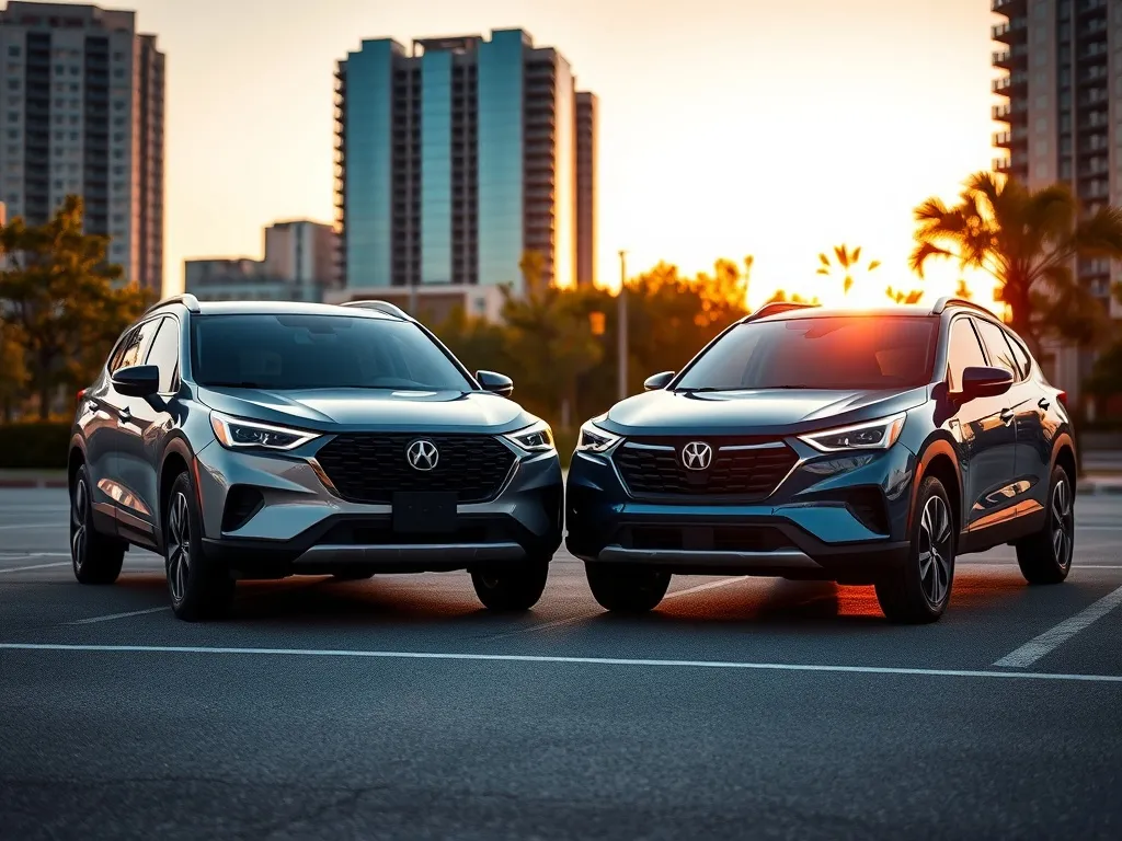 Toyota Corolla Cross i Nissan Qashqai obok siebie na parkingu miejskim o zachodzie słońca, porównanie nowoczesnych crossoverów