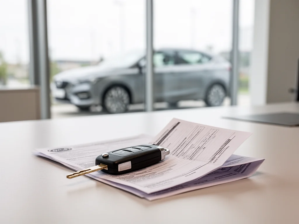 Kluczyki samochodowe i złożony dokument pojazdu na biurku, w tle rozmyte auto – symbol formalności przy przeglądzie auta.