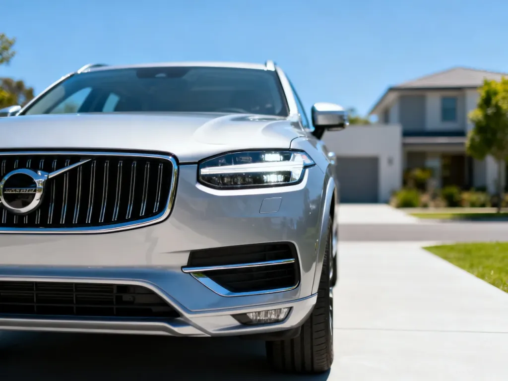 Srebrny SUV zaparkowany na podjeździe nowoczesnego domu, prezentujący nowoczesny design przedniego pasa pojazdu.