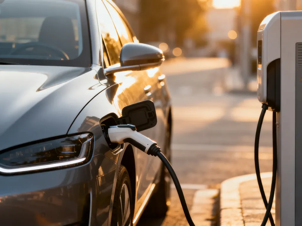 Nowoczesny samochód elektryczny marki Ford podłączony do stacji ładowania w świetle zachodzącego słońca.