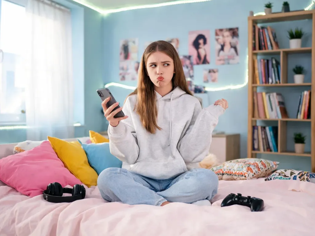 Nastolatka siedzi na łóżku, wzrusza ramionami z lekkim zawodem, patrząc w smartfon – ilustruje klimat „womp womp”.