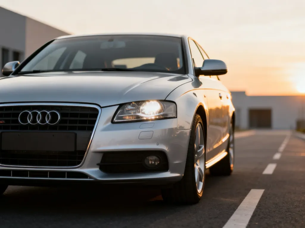 Srebrne Audi A4 B7 zaparkowane na nowoczesnej drodze w świetle zachodzącego słońca, podkreślające detale przedniego pasa.