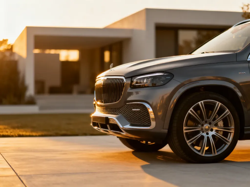 Nowoczesny Mercedes GLB zaparkowany na podjeździe w świetle zachodzącego słońca, podkreślający luksusowy design auta.