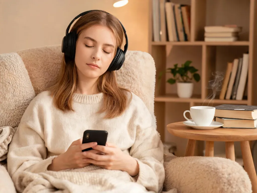 Młoda kobieta w słuchawkach relaksuje się w fotelu z telefonem, słuchając audiobooka, obok książki i kubek herbaty