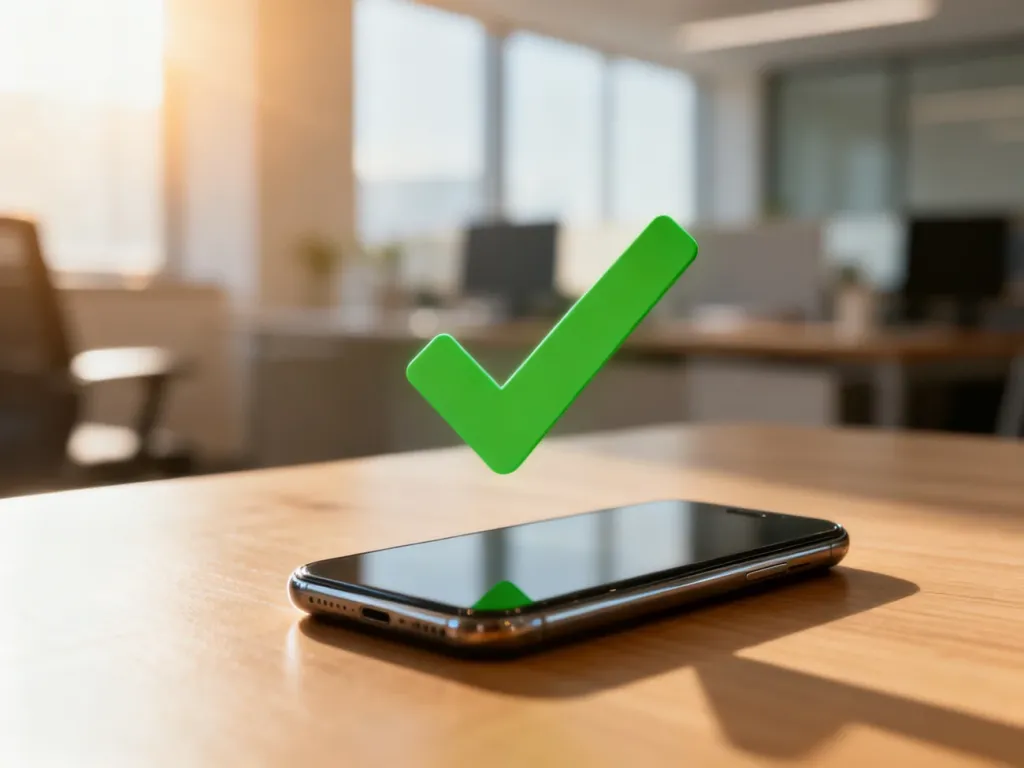 Smartfon z ikoną zielonego znacznika na ekranie, symbolizujący pomyślne zatwierdzenie płatności automatycznej.