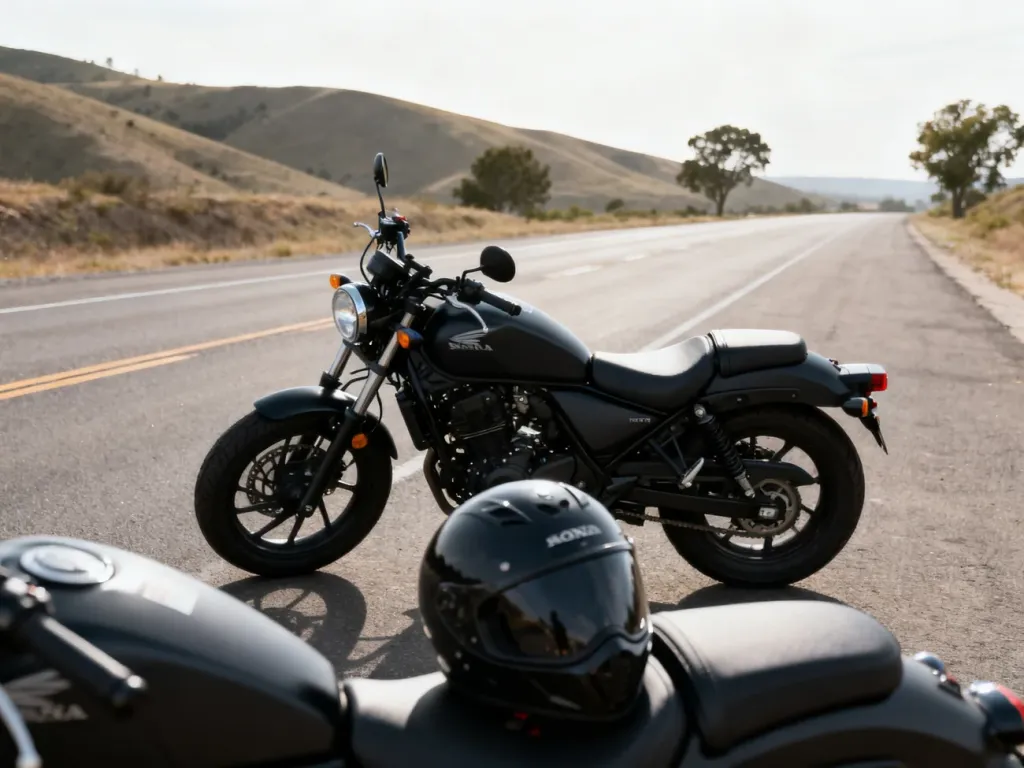 Matowa Honda Rebel 500 zaparkowana na pustej drodze, z kaskiem na siedzeniu, gotowa do turystycznej jazdy.