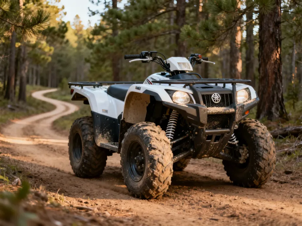 Yamaha Grizzly 700 na leśnym szlaku, widok z przodu z boku, podkreślone zawieszenie i duże terenowe opony