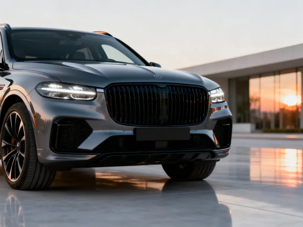 Nowoczesny SUV BMW X2 z wyrazistym grillem i reflektorami LED, zaparkowany w minimalistycznej scenerii o zachodzie słońca.