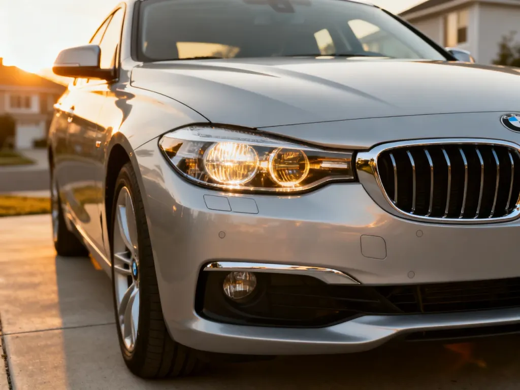 Srebrne BMW serii 3 Gran Turismo zaparkowane na nowoczesnym podjeździe w świetle zachodzącego słońca.