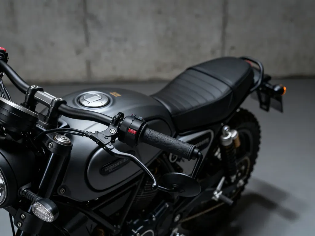 Nowoczesny motocykl Husqvarna Svartpilen 125 w minimalistycznym, industrialnym stylu na studyjnym tle.
