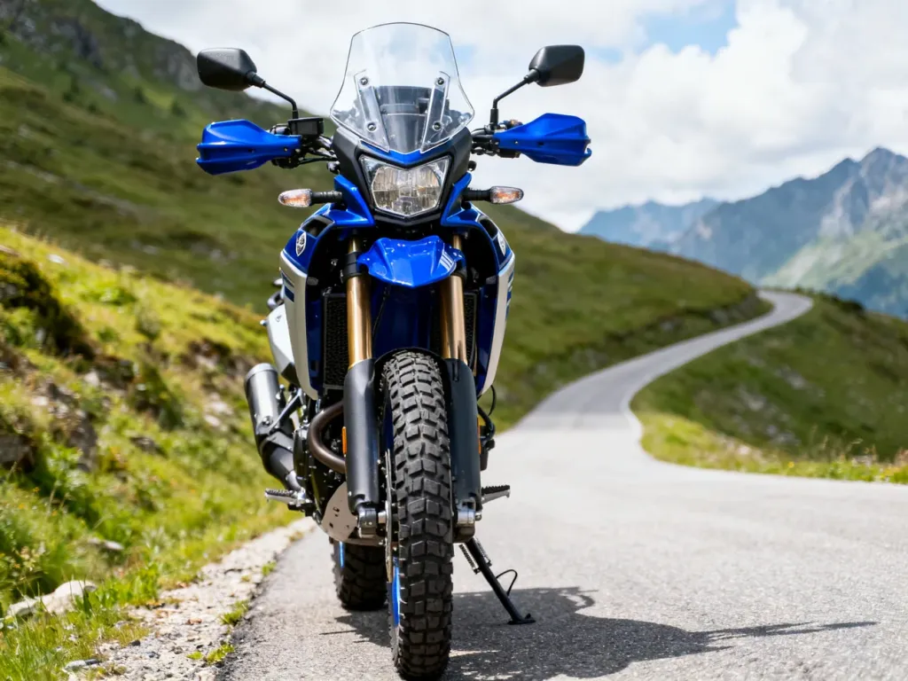 Niebieska Yamaha Tenere 700 stoi na górskiej drodze, gotowa do wyprawy po krętym asfalcie wśród zielonych wzgórz.