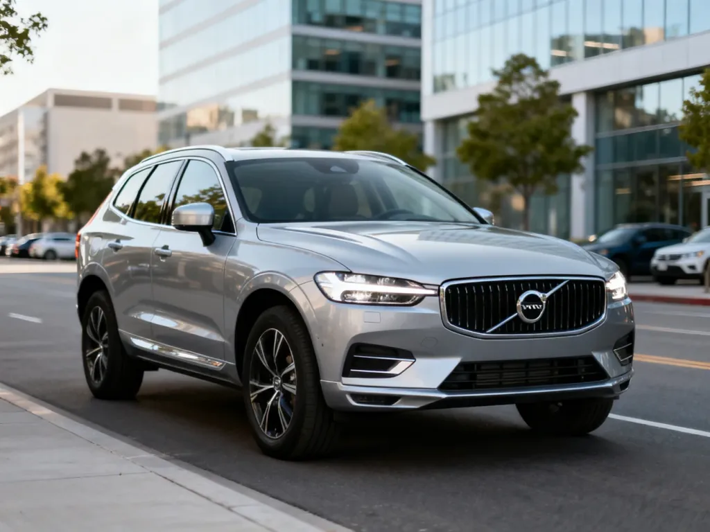 Srebrne Volvo XC60 zaparkowane na spokojnej, nowoczesnej miejskiej ulicy, podkreślające design przodu i reflektorów auta.