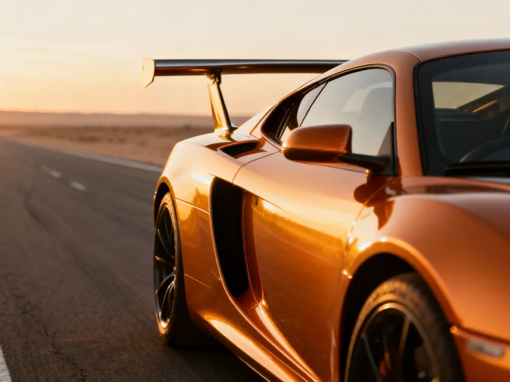 Metaliczny pomarańczowy Chevrolet Corvette C8 ZR1 zaparkowany na torze wyścigowym w świetle zachodzącego słońca.