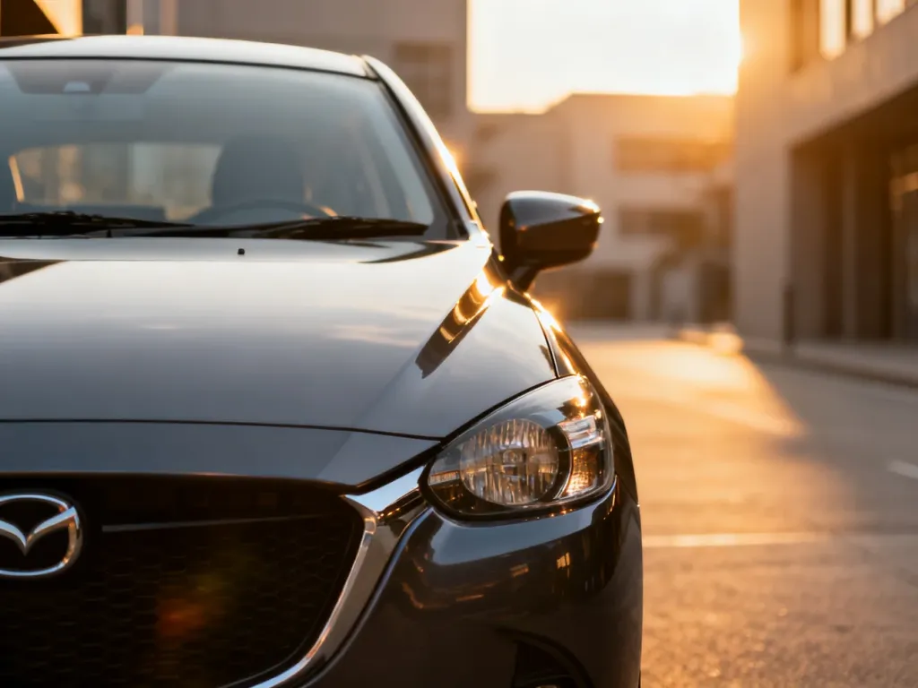Nowoczesna Mazda Demio zaparkowana na miejskiej ulicy w świetle zachodzącego słońca, podkreślającym detale karoserii.