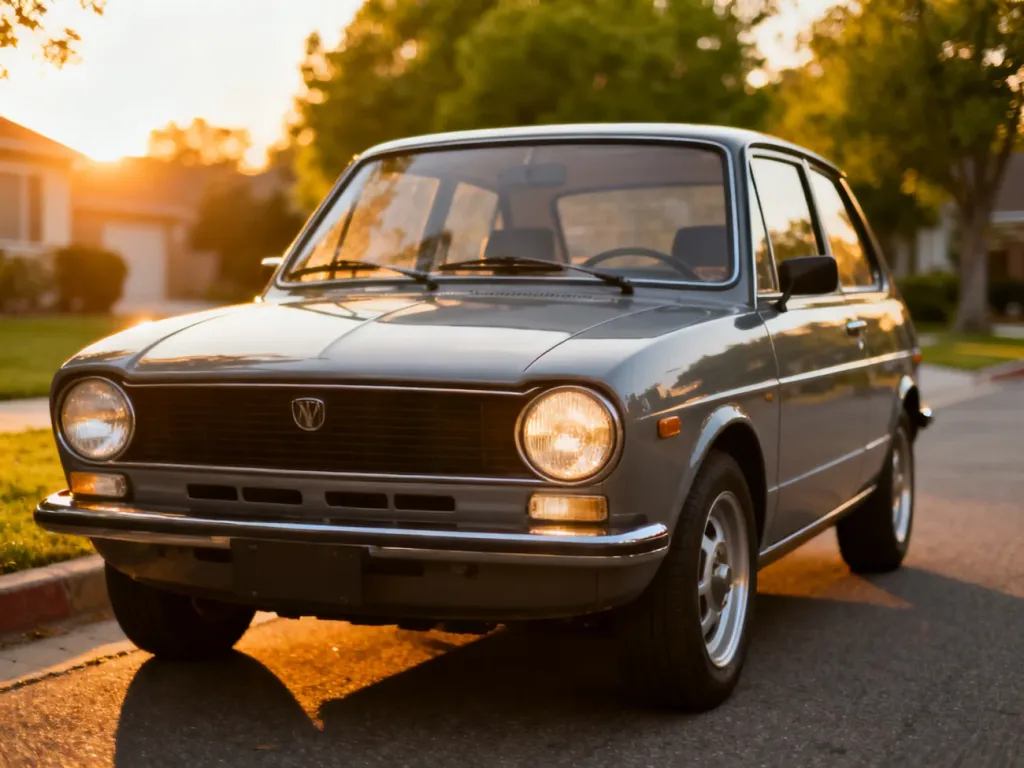Klasyczny Opel Corsa B zaparkowany na spokojnej ulicy w blasku zachodzącego słońca.