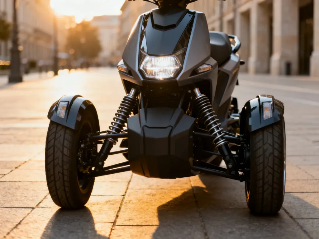 Nowoczesny skuter trójkołowy Piaggio MP3 500 zaparkowany na miejskiej ulicy podczas złotej godziny.