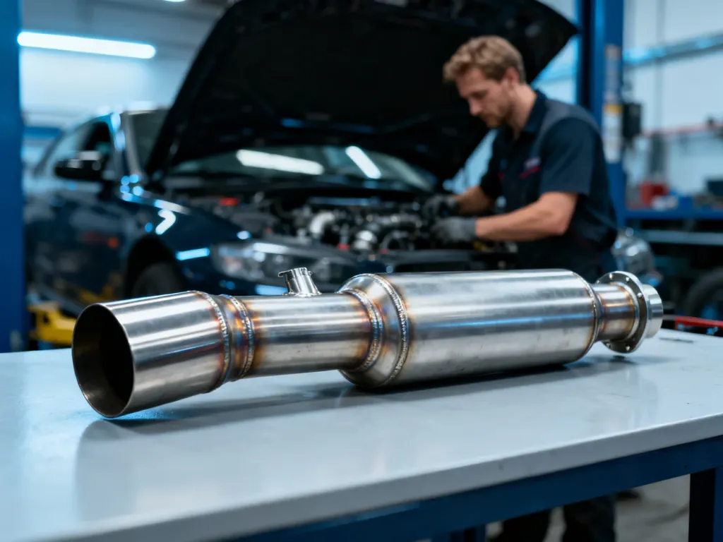 Stalowy downpipe na stole warsztatowym z mechanikiem pracującym przy silniku w tle.