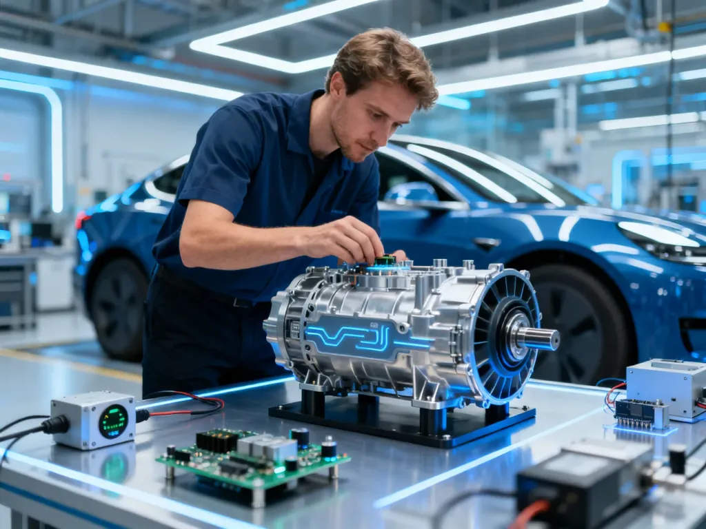 Inżynier Valeo pracujący nad nowoczesnym komponentem elektrycznym w zaawansowanym laboratorium badawczym.