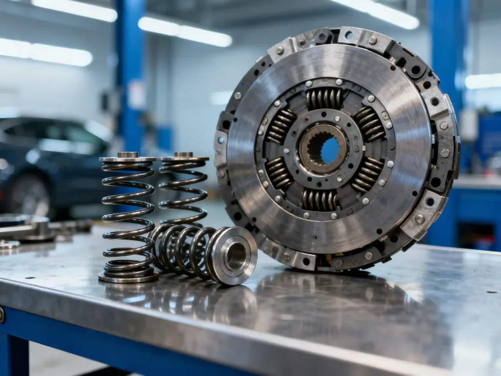 Zdemontowane koło dwumasowe na warsztatowym stole, ukazujące szczegółową budowę sprężyn i elementów mechanicznych.