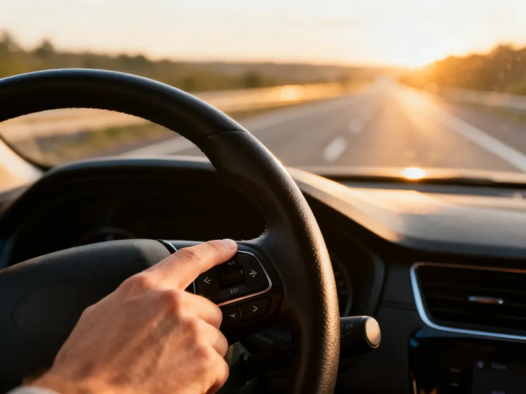 Dłoń kierowcy naciskająca przycisk tempomatu na kierownicy nowoczesnego samochodu z widoczną w tle autostradą.