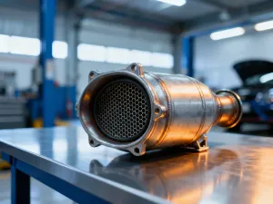 Stalowy downpipe na stole warsztatowym z mechanikiem pracującym przy silniku w tle.