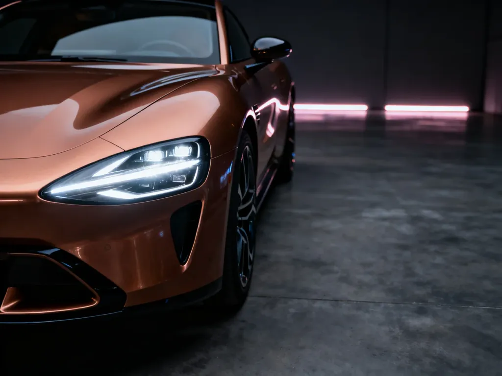 Nowoczesny, miedziany samochód sportowy Cupra z wyrazistymi reflektorami LED w minimalistycznym, industrialnym wnętrzu.
