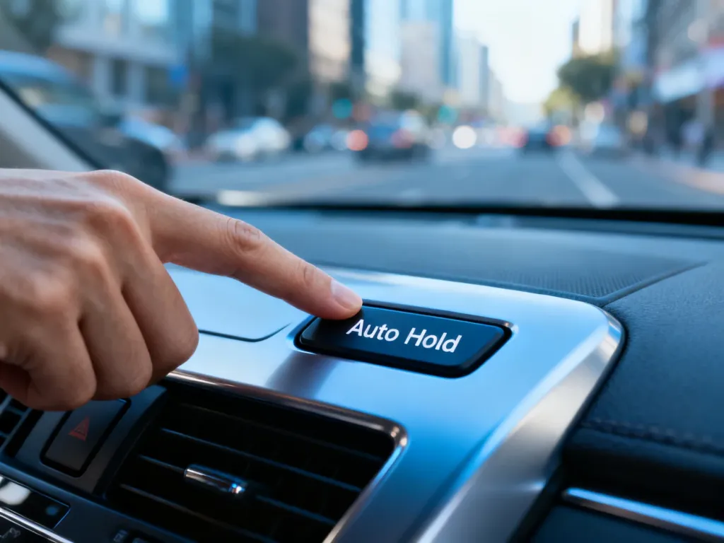 Dłoń naciskająca przycisk systemu Auto Hold na konsoli środkowej nowoczesnego samochodu.