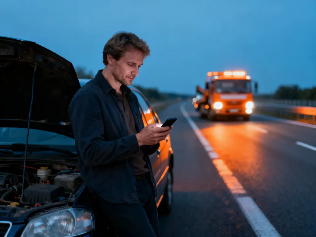 Kierowca z telefonem przy zepsutym samochodzie na autostradzie, któremu z pomocą nadjeżdża laweta.