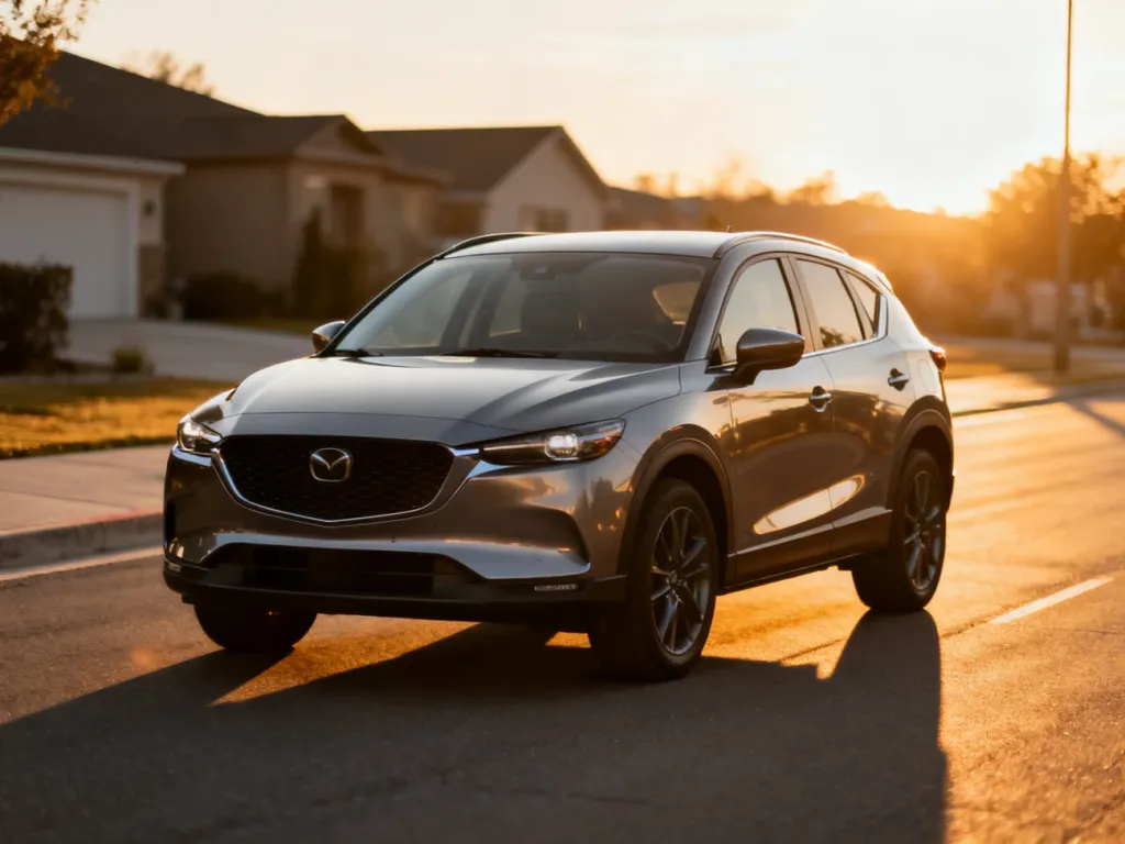 Nowoczesny crossover Mitsubishi ASX zaparkowany na asfaltowej drodze w świetle zachodzącego słońca.
