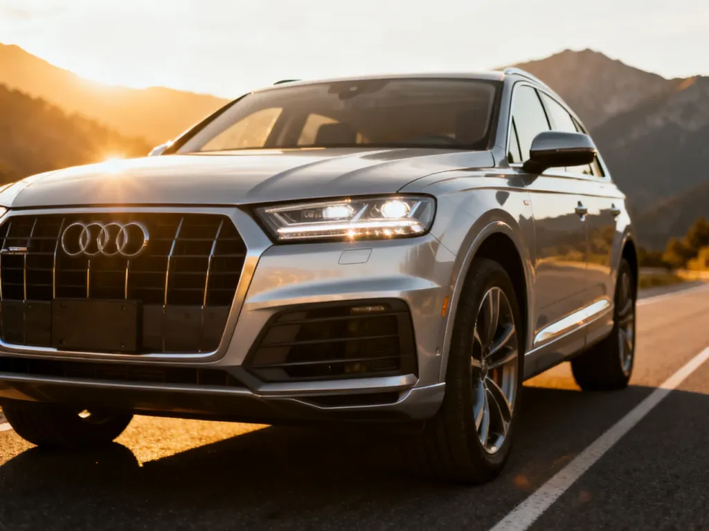 Srebrny Volkswagen Tiguan zaparkowany na drodze w górskiej scenerii podczas złotej godziny.
