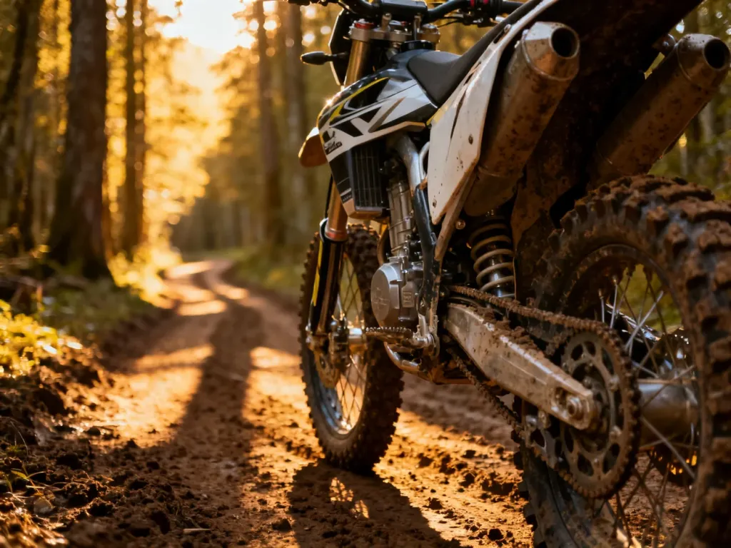 Zbliżenie na silnik i opony motocykla crossowego Kayo K2 Pro na błotnistym torze w promieniach zachodzącego słońca.