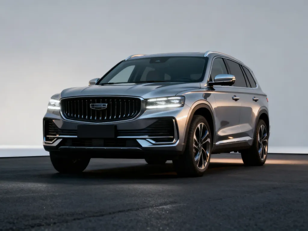 Nowoczesny SUV Kia Sorento zaparkowany w minimalistycznym studiu, prezentujący swój charakterystyczny grill i reflektory LED.